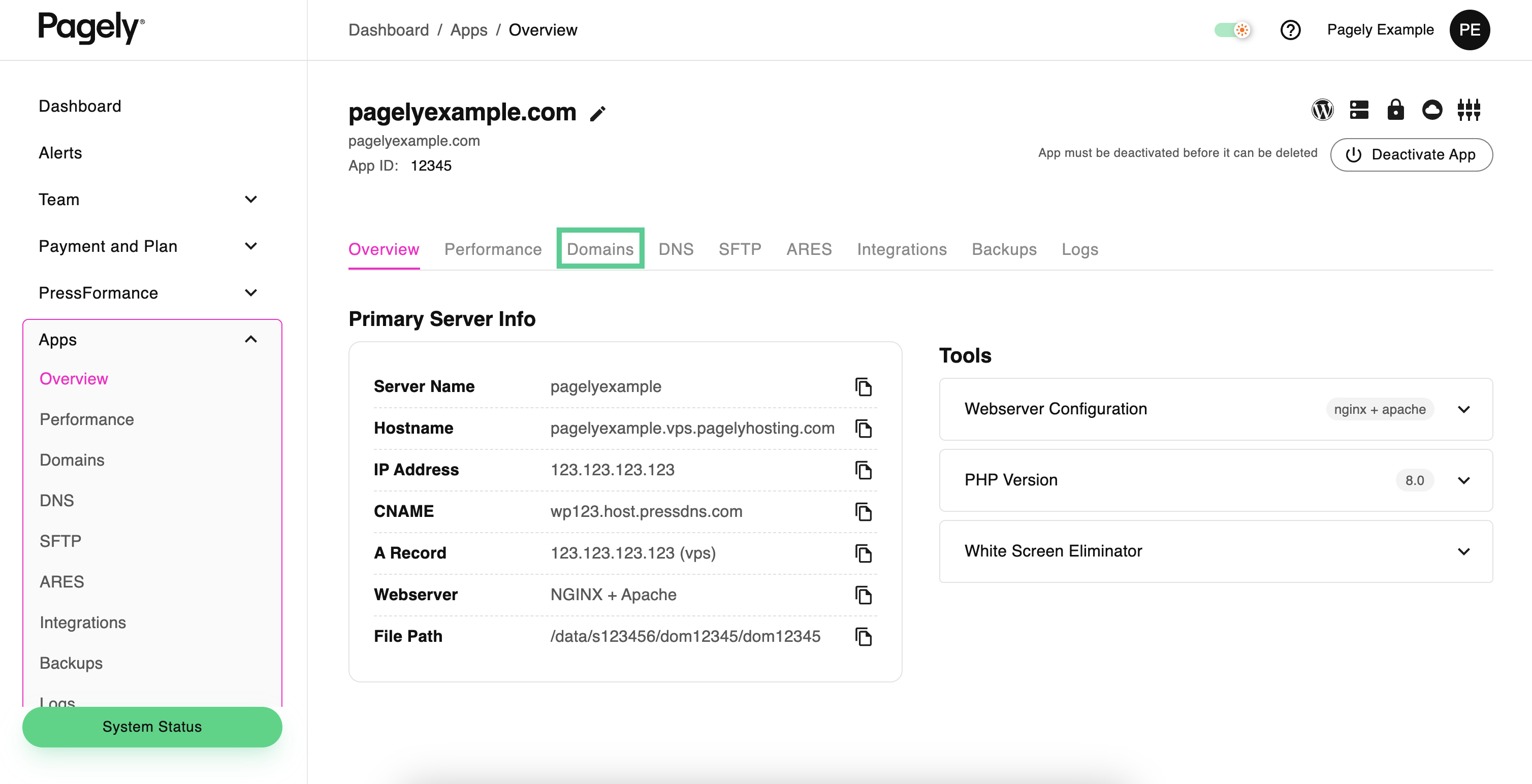 Screenshot: click on the Domains tab from within the app details