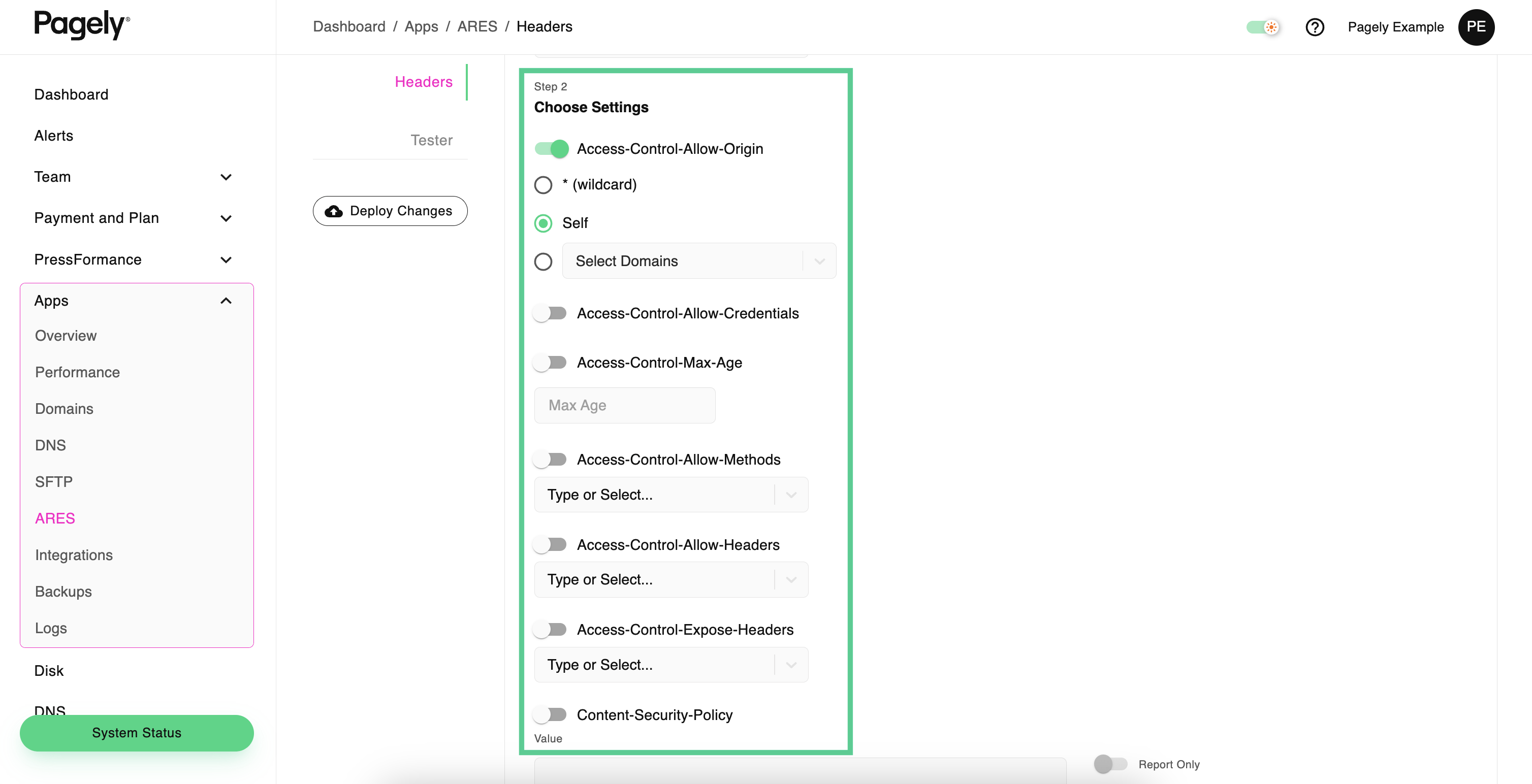 Screenshot: header settings to include