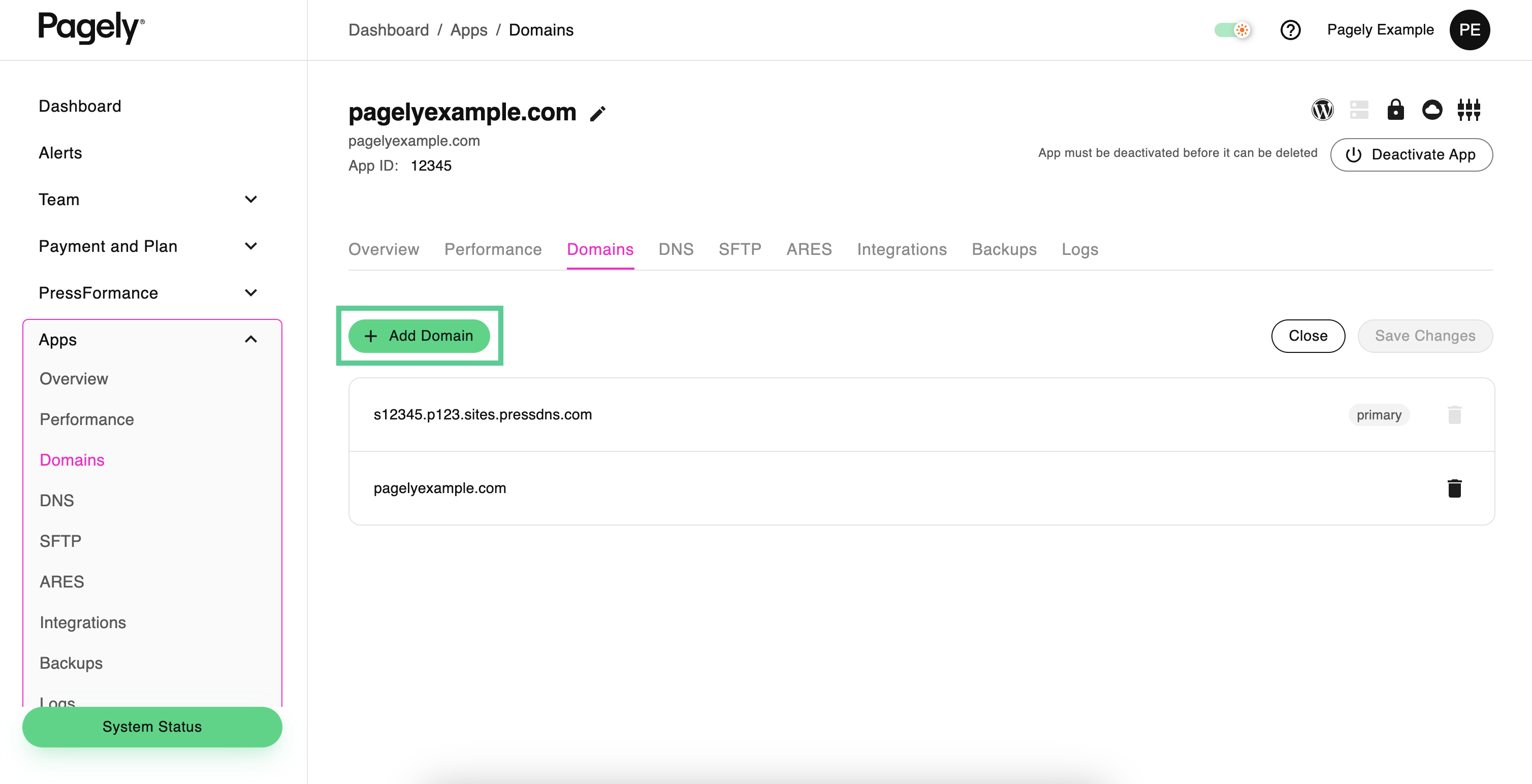 Screenshot: Click on the Add Domain button
