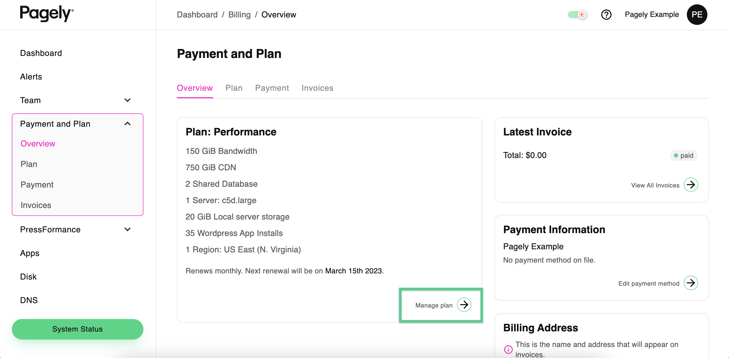 Screenshot: click on the Manage Plan button
