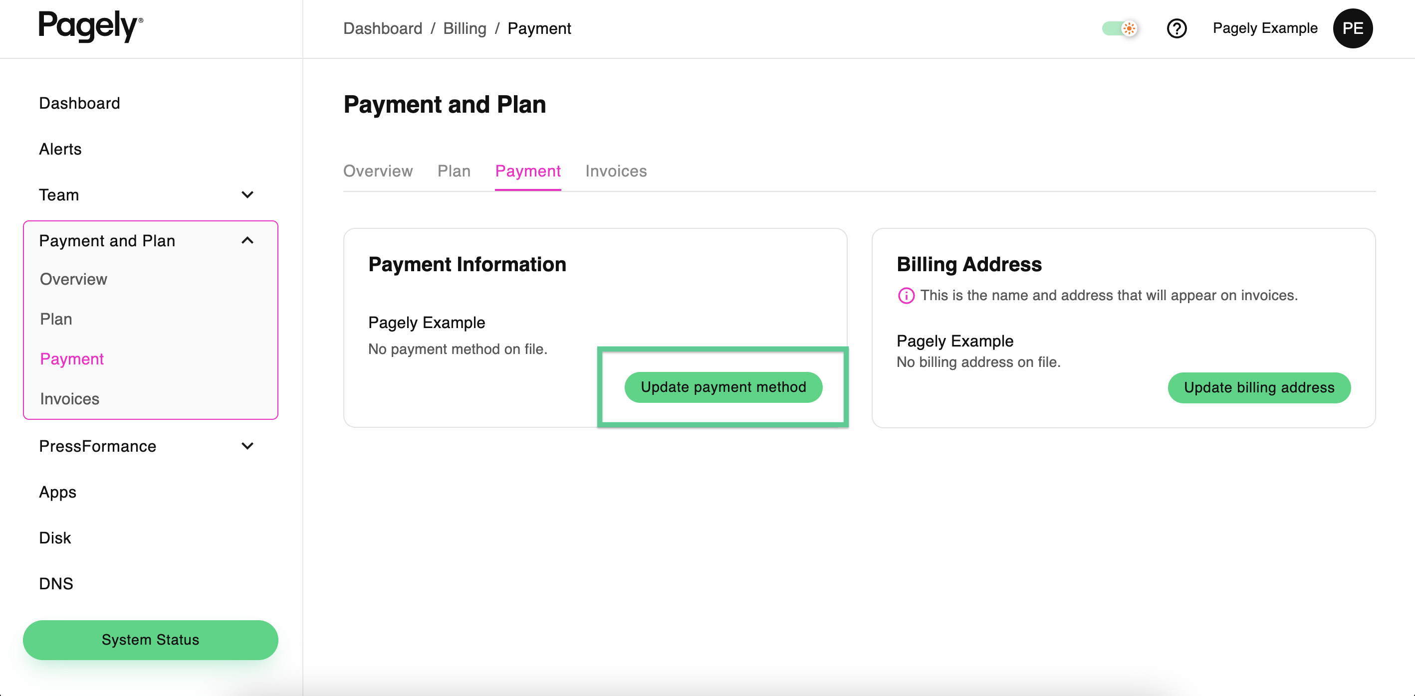 Screenshot: click on the Update Billing Information or Authorize PayPal button