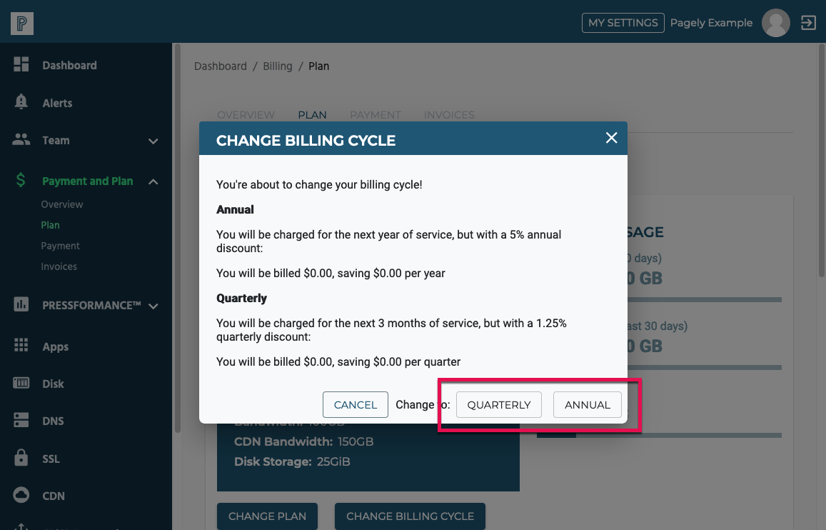 Screenshot: Select your billing cycle from the window
