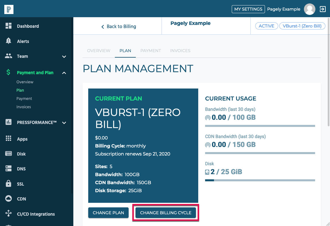 Screenshot: click on the Manage Billing Cycle button