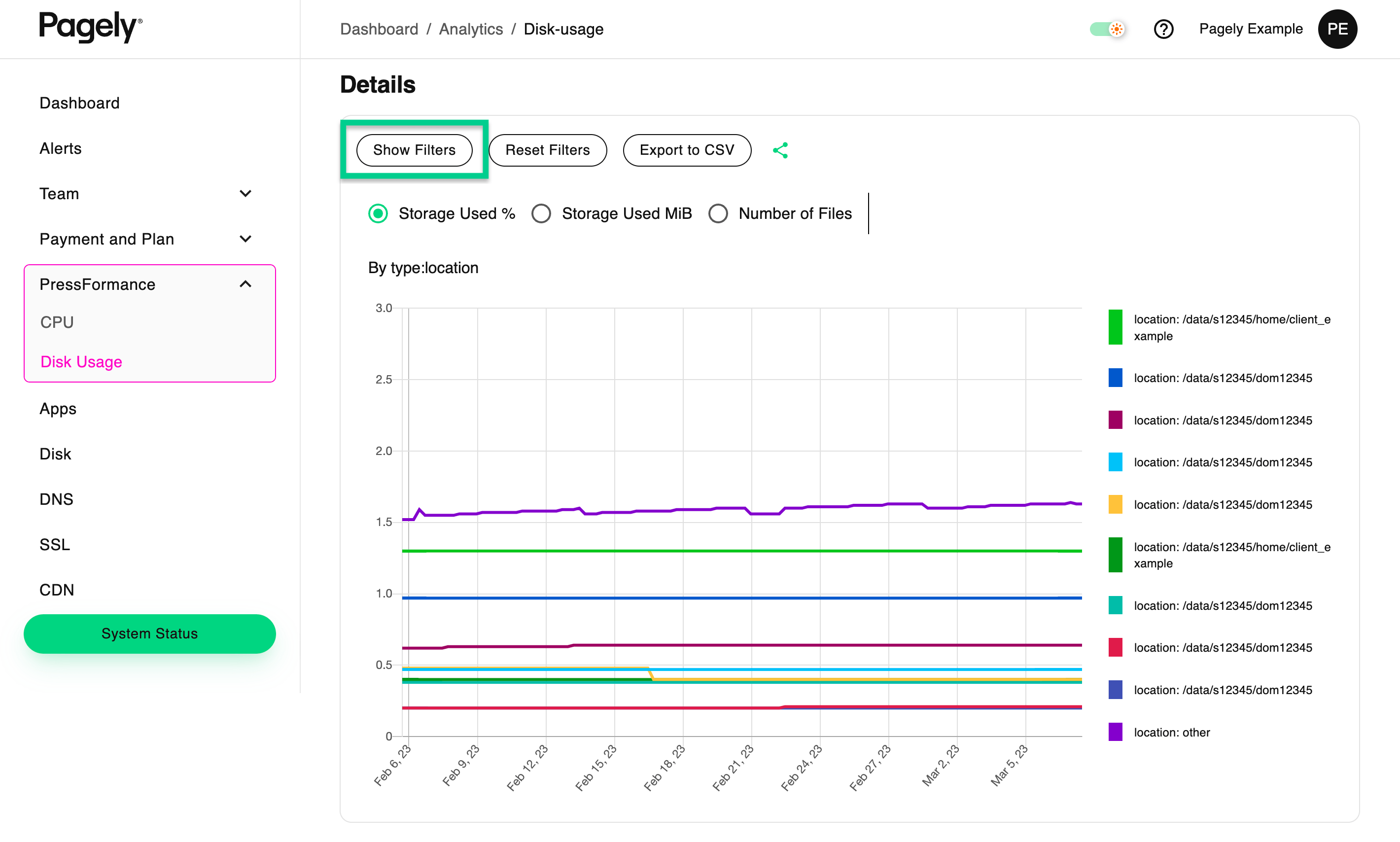 Screenshot: disk usage graph filters