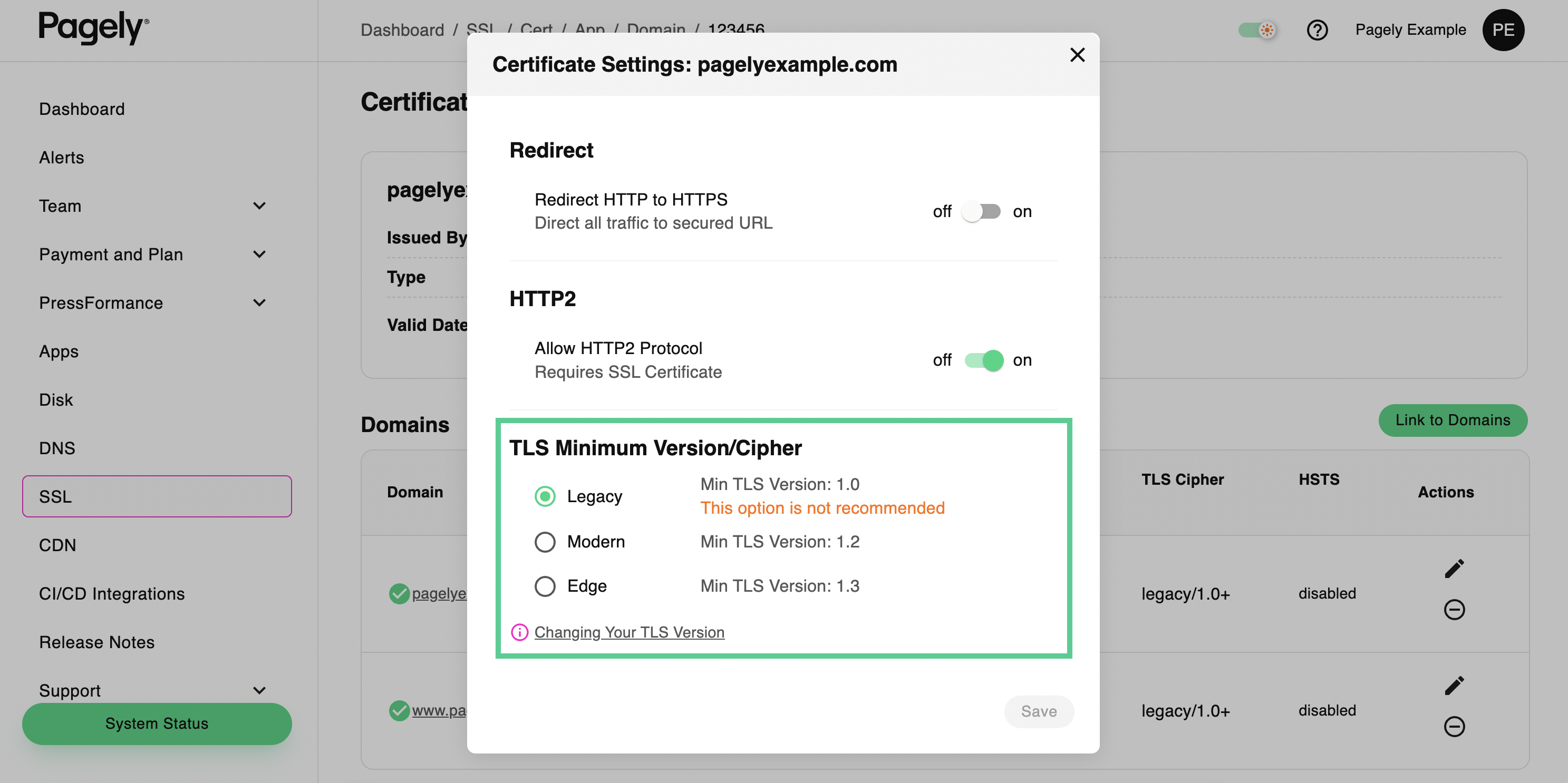 SSL certificate minimum version and cypher settings