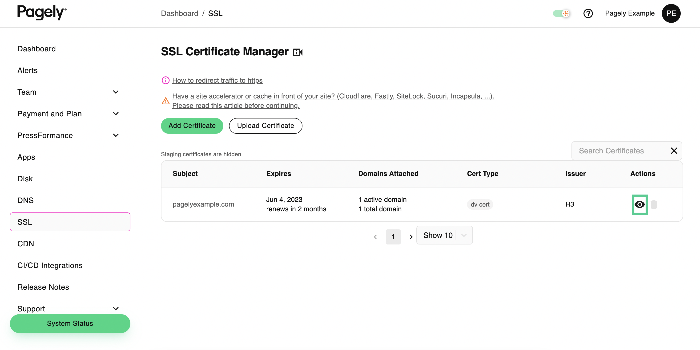 SSL Certificate Manager View action button